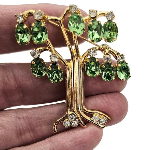KJL Tree Of Life Green Uranium Glass Rhinestone Dangle Brooch Pin Signed, J104 - Picture 2 of 9
